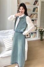 时尚牛仔小香风套装女2025春秋新款洋气减龄马甲小衫阔腿裤两件套，女装套装/套裙，2D078