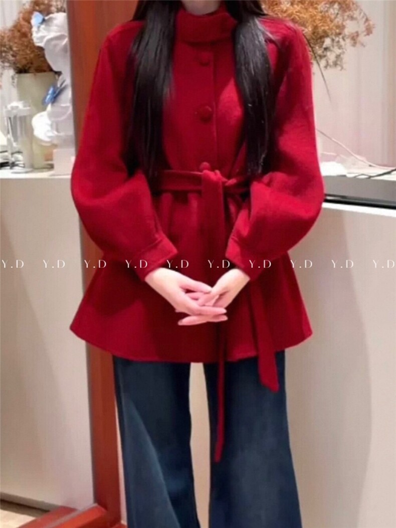 原价324.99!【依嘟】2025新款冬系带喜庆气质红色收,女装双面呢大衣,依嘟服饰