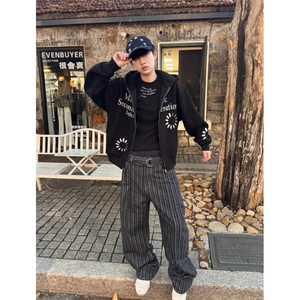 JY442-P55 美式复古连帽卫衣男女同款字母印花情侣开衫外套宽松图片