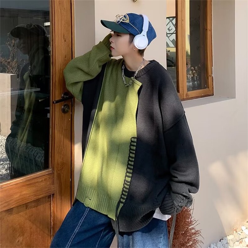 小众设计感拼接毛衣男女宽松oversize慵懒风针织衫潮牌W9112-P48图片