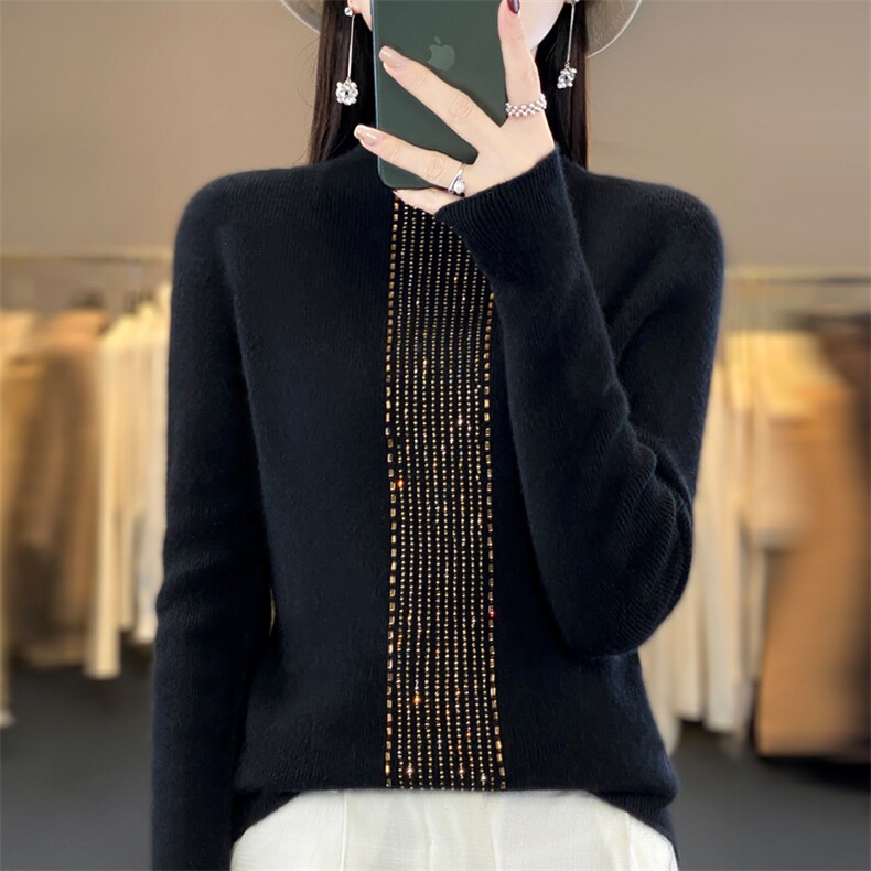 半高领女士秋季新款简约百搭羊毛衫一线成衣竖条烫钻,女装羊毛衫,暖娇绒