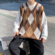 韩版复古休闲菱格毛衣背心男日系学院潮流格坎肩针织毛衣男MB33，男装针织衫/毛衣，星座1116A-1（原606A）