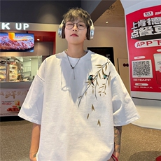 港风2026夏装情侣半袖上衣新中式男女装夏季宽松棉短袖T恤S308P28，男装T恤，电商A233-1