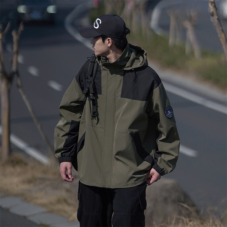 春款工装连帽夹克潮流拼色宽松贴标户外冲锋衣外套CYJK9236-P80,男装夹克,电商A128