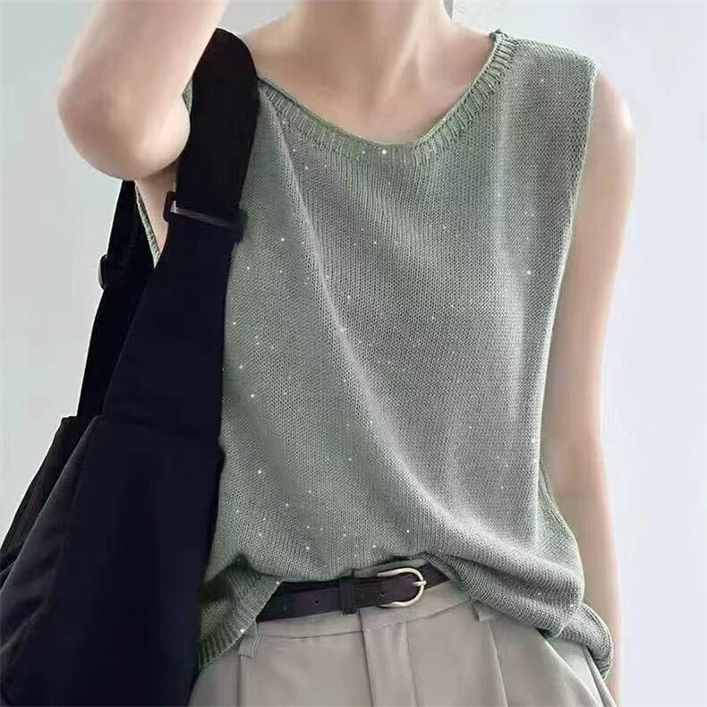 女士天丝亚麻吊带背心女夏外穿内搭2025新款宽松无袖针织打底上衣,女装背心吊带,悦玛羊绒