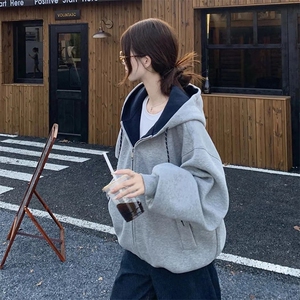 抖音得物二开美式高街重磅结构双层撞色连帽卫衣开衫外套W116图片