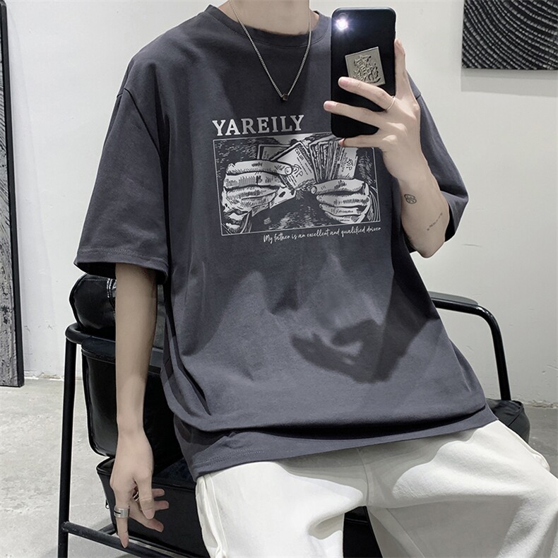 短袖t恤男2023新款港风圆领印花上衣半袖纯棉体恤衫DFY481TP25,男装T恤,电商A102-1