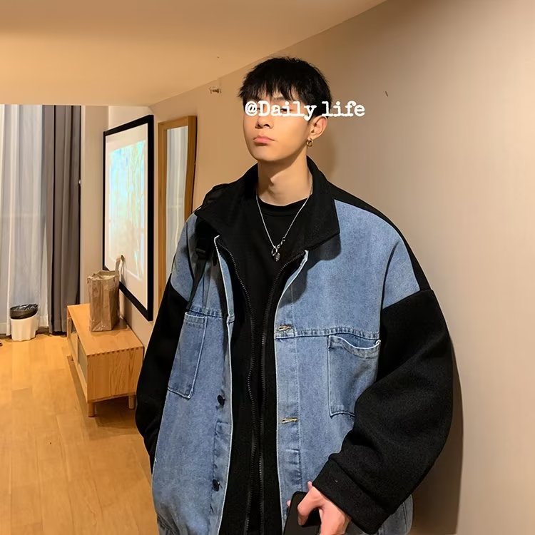 假两件牛仔外套男秋季潮牌设计感拼接港风韩版潮流宽松休闲夹克衫,男装工装外套,星座1210-1
