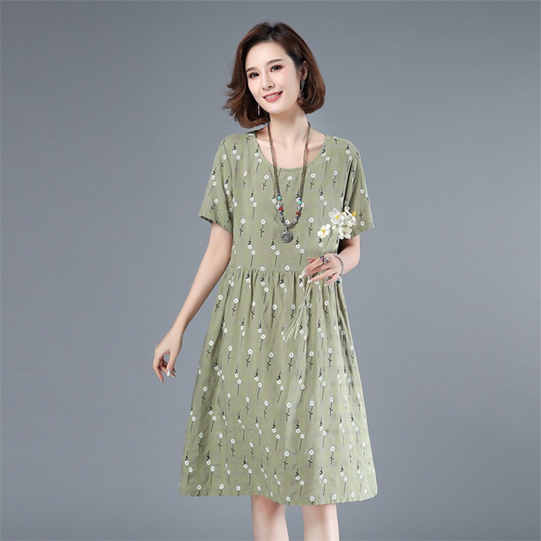 2021年夏季通勤韩版中长款A字裙40-49周岁高腰短袖圆领裙子,女装连衣裙,伊满意
