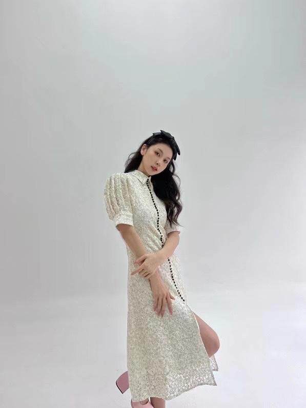 蕾丝泡泡袖连衣裙，女装连衣裙，HE