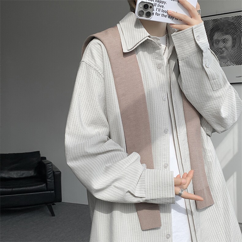 送针织披肩蓝条纹长袖衬衫男设计感小众宽松廓形衬衣CS536P75,男装衬衫,电商D206-1