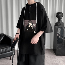 LD54122-P45连帽短袖t恤男大码胖子带帽五分袖中袖，男装T恤，电商A040