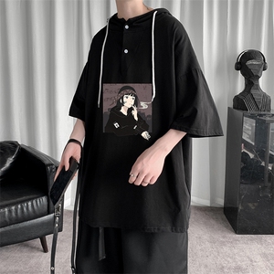 LD54122-P45 连帽短袖t恤男大码胖子带帽五分袖中袖图片