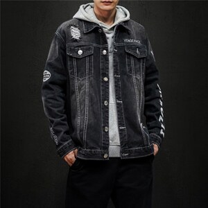 jk818-p80 M-5XL黑墙ins牛仔夹克绣花破洞大码男日系CITYBOY图片