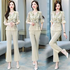 洋气减龄短袖雪纺套装女夏装2025新款时尚微喇叭阔腿裤套装两件套，女装套装/套裙，妙形