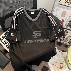 Q321-P42 美式复古V领杠条球服短袖T恤夏季宽松休闲运动图片