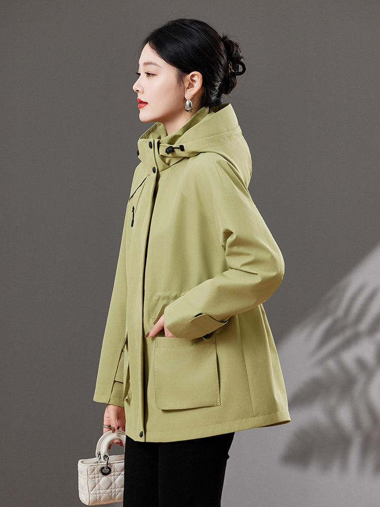 品牌专柜！韩版可拆连帽抽绳收腰冲锋衣外套2025年春季新款风衣女,女装风衣,靓衣阁