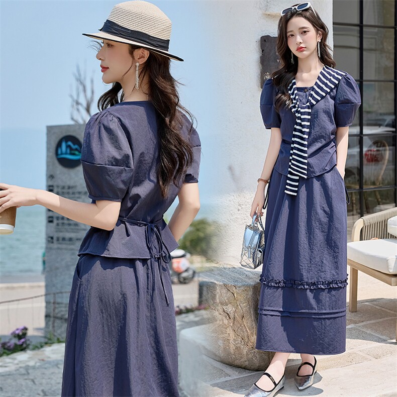 韩班休闲三件套裙2025夏新品条纹针织披肩高品质衬衫+半身裙女，女装套装/套裙，江南女神