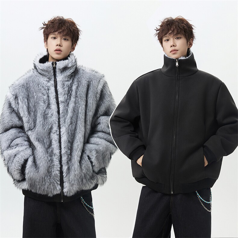 座山雕加绒棉服双面穿外套立领棉衣毛绒夹克毛呢大衣-M8717P148图片