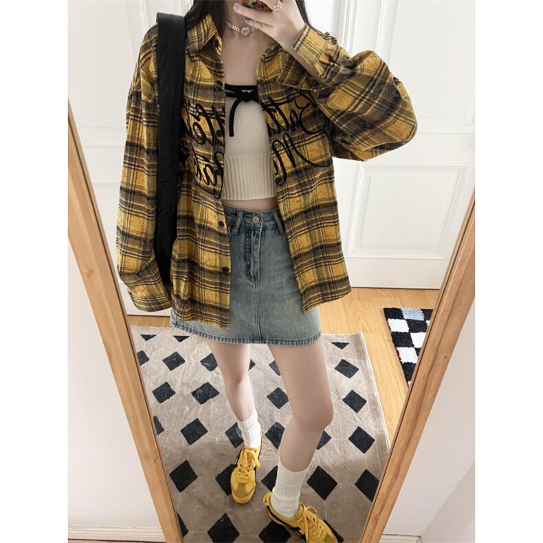【有货】格子长袖衬衫男女同款字母设计感防晒外套K376CC-特P46图片