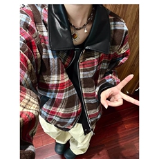 美式复古休闲格子双面穿PU皮夹克男秋冬季高街潮牌宽松机车服外套，男装夹克，星座516A
