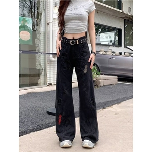 美式复古小众设计感刺绣牛仔裤男女亚比喇叭裤宽松阔腿拖地长裤子图片