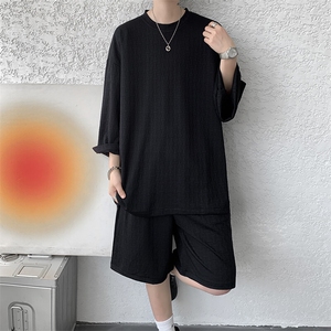 8XL-M 高级感纹理短袖套装男夏季慵懒风T恤短裤两件套TZ108P78图片