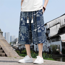 夏季超宽松七分裤棉麻潮流休闲裤风印花直筒A266-1-KZ770-P50，男装牛仔裤，电商A266-1