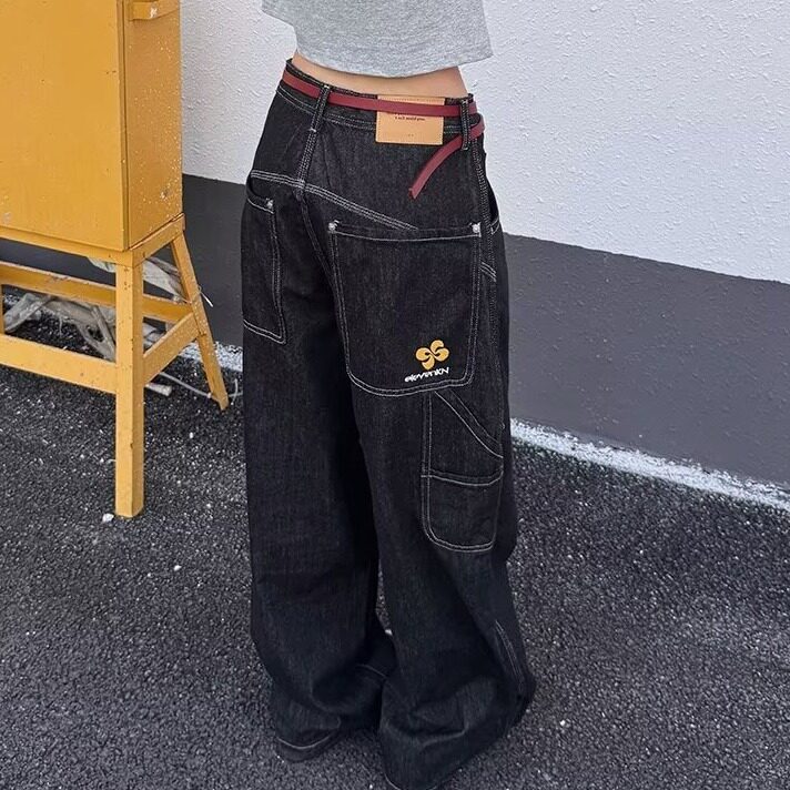 复古宽松直筒刺绣牛仔裤女2025春秋季新款高腰阔腿裤子，男装牛仔裤，星座506A