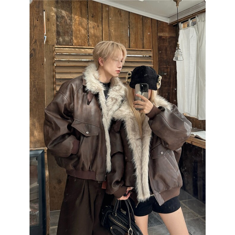 美式复古座山雕毛领品质感PU皮夹克街头宽松高级感棉衣，男装夹克，星座506A