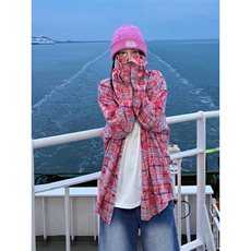 粉色扎染格子衬衫女款秋季海边出片穿搭长袖衬衣美式复古情侣外套，男装衬衫，星座603-2