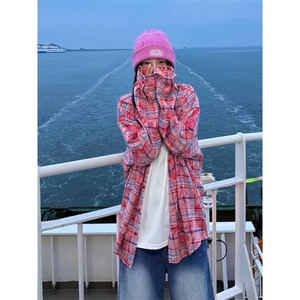 粉色扎染格子衬衫女款秋季海边出片穿搭长袖衬衣美式复古情侣外套图片