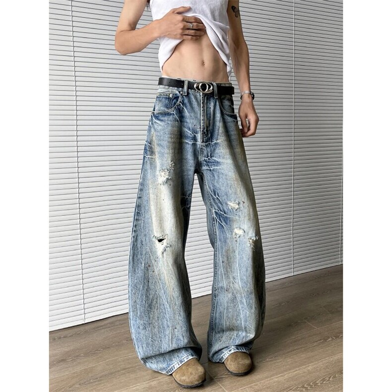 美式复古裂纹破洞水洗牛仔裤男女潮牌脏旧宽松直筒长裤NZ819-P53，男装牛仔裤，星座308B-2