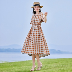棉麻连衣裙夏季2025新款衣服大码女装高端精致气质宽松格子长裙子，女装连衣裙，铭街依杨