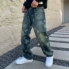 满印提花牛仔裤男款秋冬美式高街潮牌宽松直筒阔腿裤休闲痞帅长裤，男装牛仔裤，四季星座505