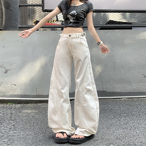 美式复古白色弯刀牛仔裤男女拼接宽松阔腿cleanfit裤子YD9017-P70图片