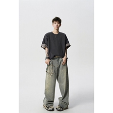 8XL-M格子翻边设计短袖tee男同款文艺休闲T恤上衣半截袖男DX342，男装T恤，电商D206-1