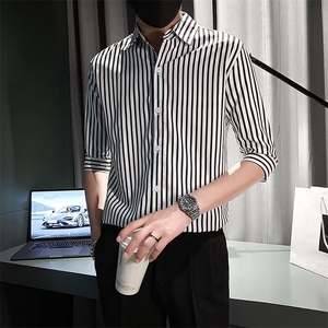 夏季男士衬衫修身中袖七分袖休闲发型师条纹衬衣个性上衣 C3033图片