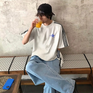 抖音得物高品质二开240克宽松纯棉美式潮牌三条杠织带短袖T恤图片