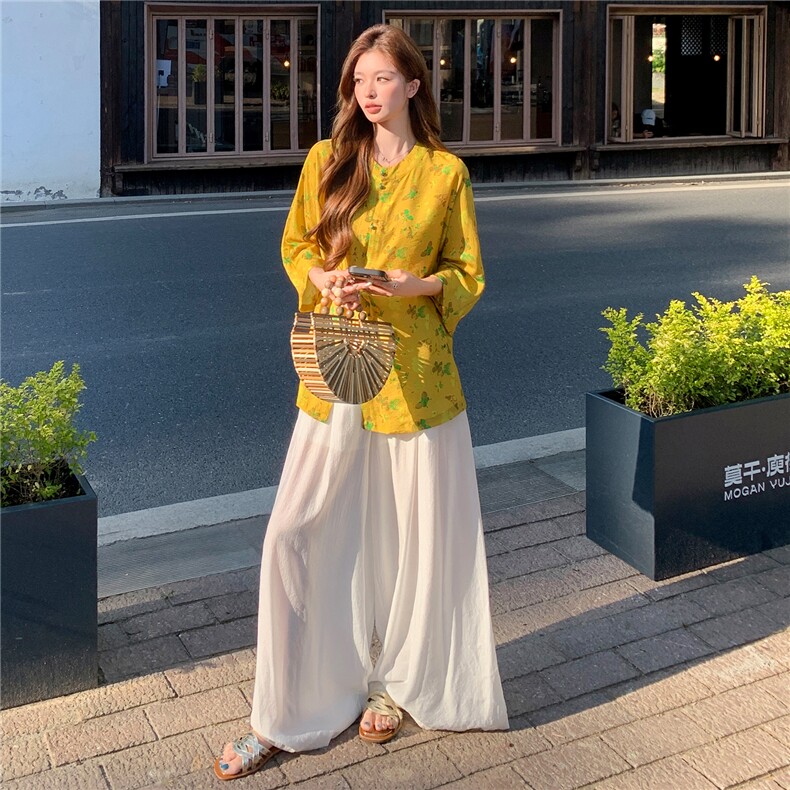 新中式印花宽松喇叭袖时尚气质小衫,女装衬衫,水衣源