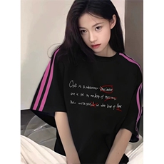 抖音得物品质二开240克宽松纯棉美式潮牌印花三条杠中性风短袖T恤，男装T恤，电商A486-1