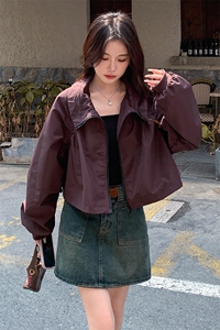 韩版设计感抽绳立领冲锋衣女2025春秋季美式复古显瘦短款工装外套图片