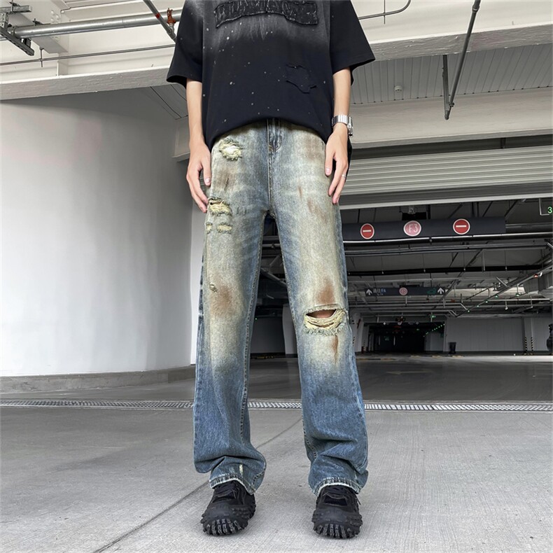美式复古破洞做旧牛仔裤男高街宽松直筒垂感长裤现货K8049-P45,男装牛仔裤,星座512-3