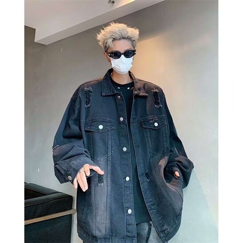 310-P55秋冬季美式高级感牛仔外套男女痞帅水洗破洞夹克，男装工装外套，电商B323A