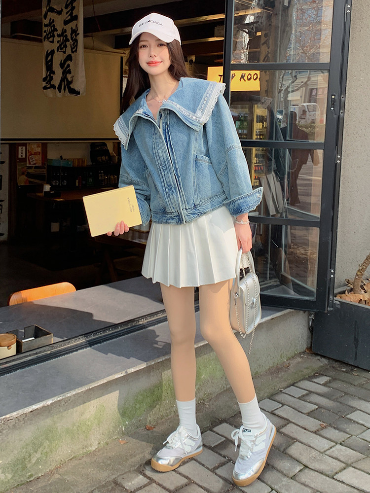 港风甜美蕾丝拼接牛仔外套女小个子2025春季新款短款钉珠翻领上衣,女装牛仔外套,蝶眷