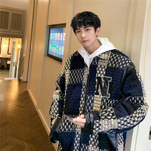 1港风酒店小香风PU皮拼接刺绣大码M-5XL夹克棉衣男8807P115控158图片