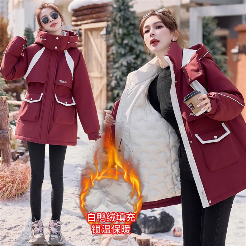 羽绒服明星同款2025冬季新品收腰冲锋衣中长款派克服外套女户外，女装羽绒服，意芙