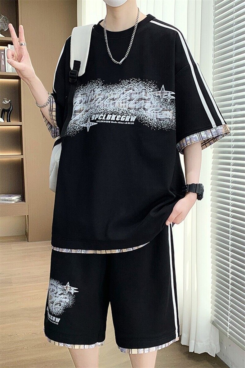 TZ25355-P55夏季休闲T恤短裤男两件套青少年学生运动短袖套装,男装牛仔裤,电商D310B