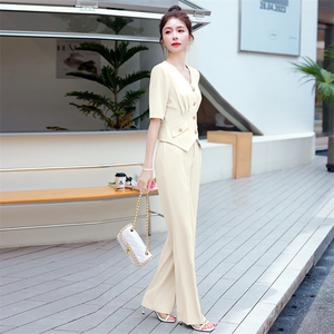 短袖西装阔腿裤两件套女2025夏新款洋气减龄气质干练职业西服套装图片