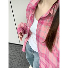 粉色格子衬衫男破坏长袖衬衣美式复古青少年高街外套CS001，男装衬衫，星座1116A（原606A-3）